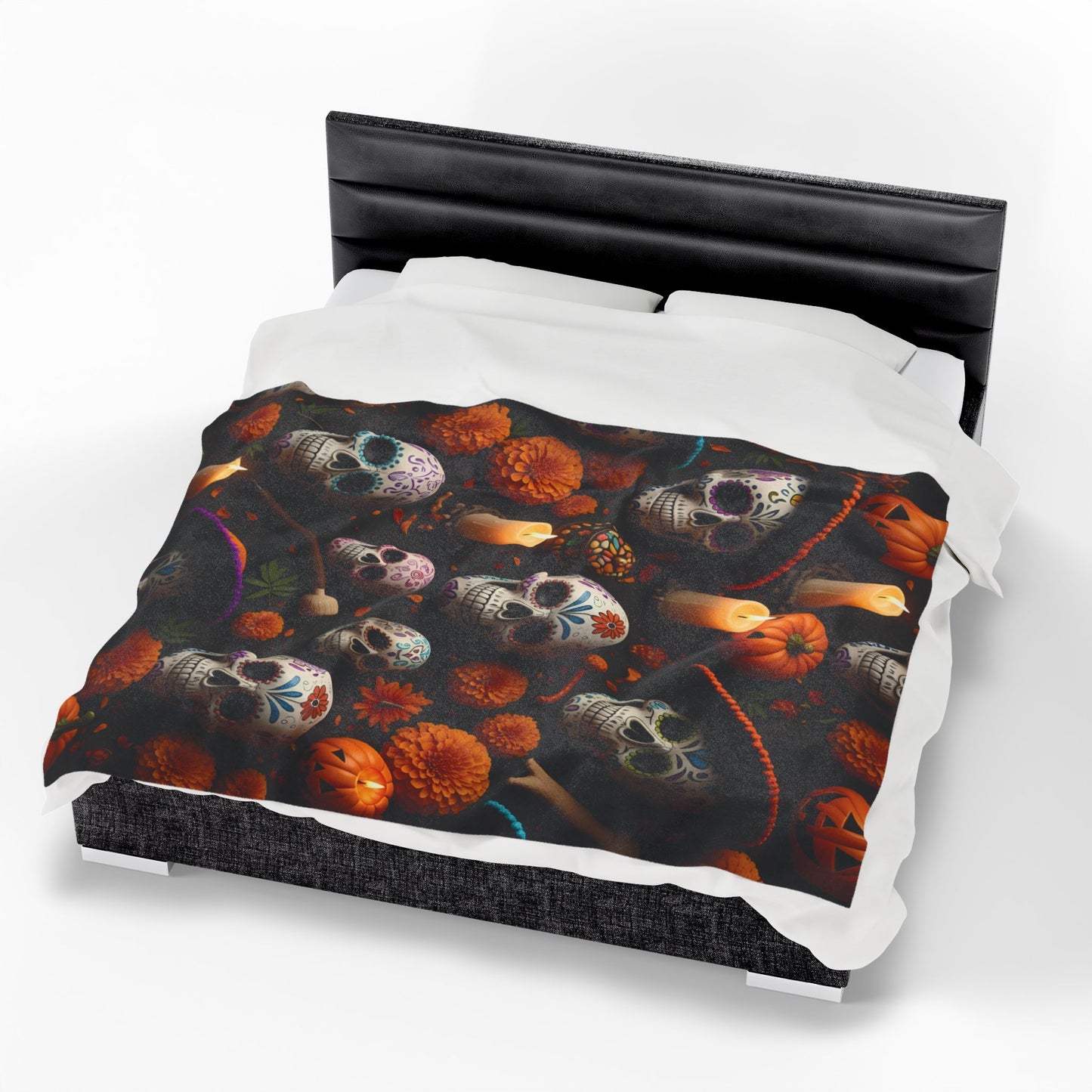 Sugar Skulls & Pumpkin Glow Blanket, Día de los Haunt Edition, Dia de los Muertos Velveteen Plush Blanket