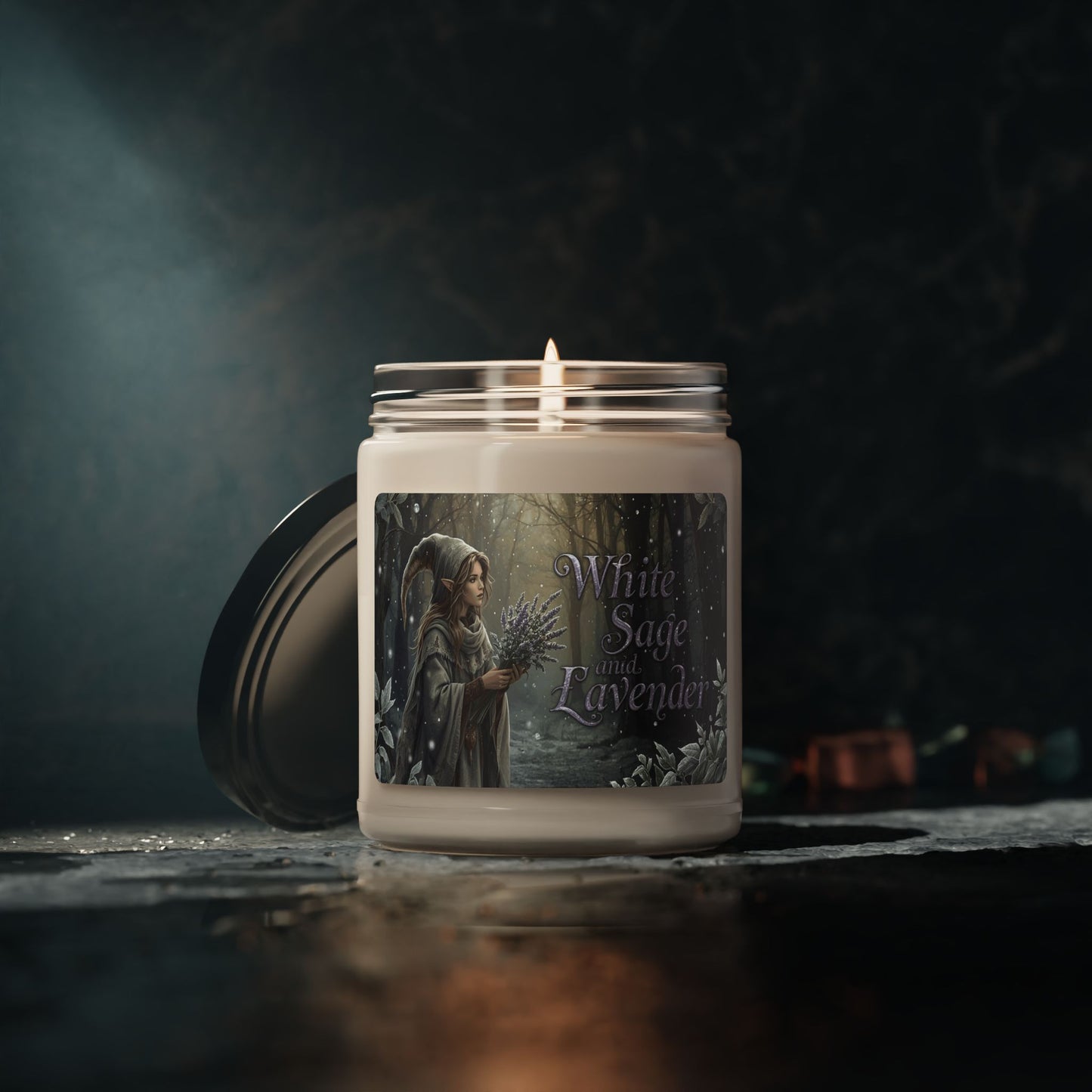 Candle with a label featuring an illustration of a person holding sage and lavender, set against a dark background.