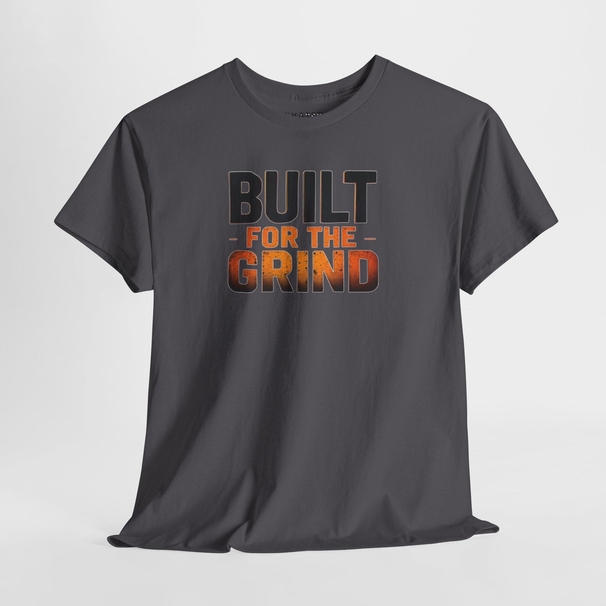 Charcoal t-shirt with ‘Built for the Grind’ motivational text in bold gradient print