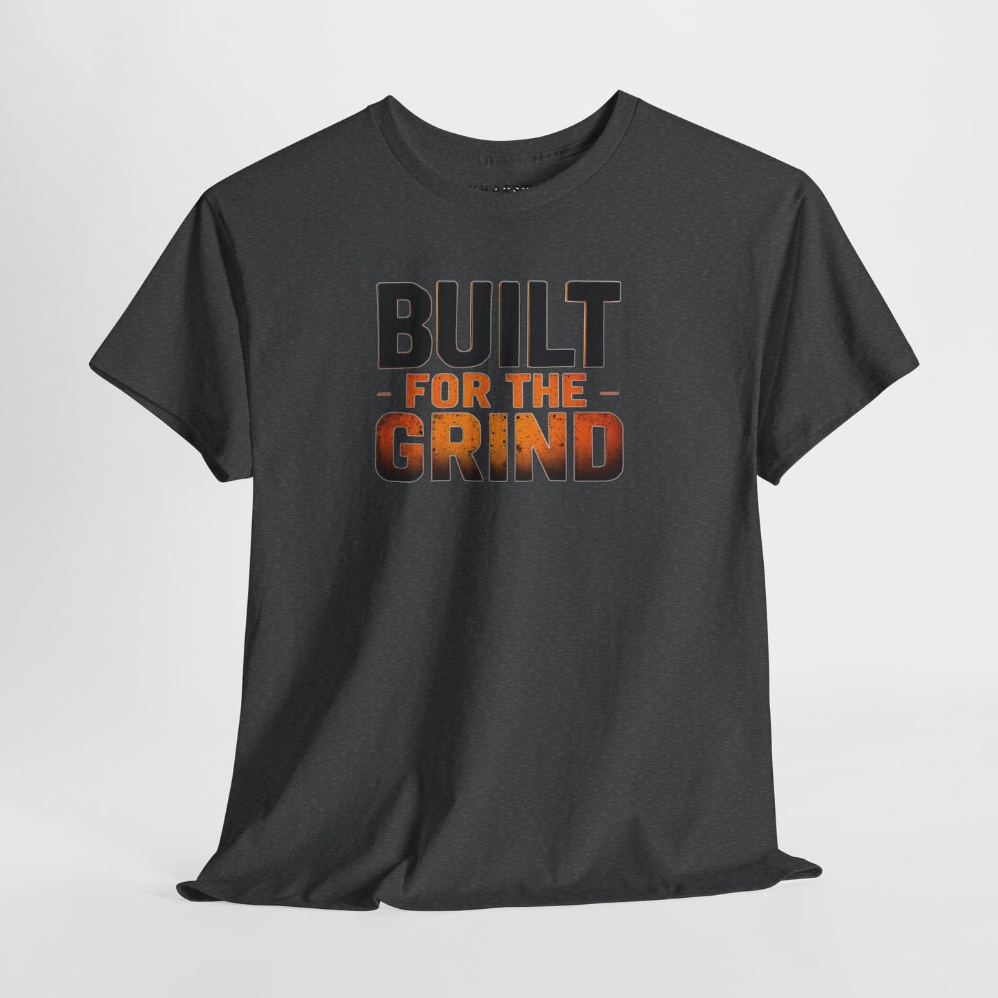 Dark heather tee with ‘Built for the Grind’ graphic in rugged orange-brown gradient