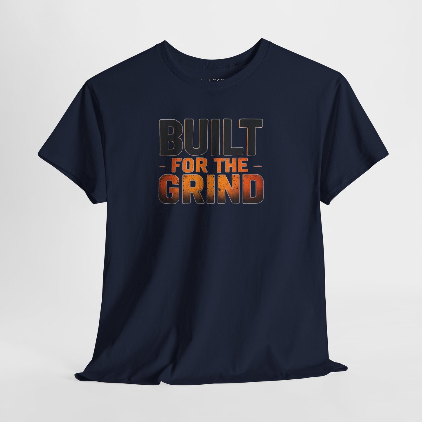 Navy workout shirt with bold ‘Built for the Grind’ motivational design