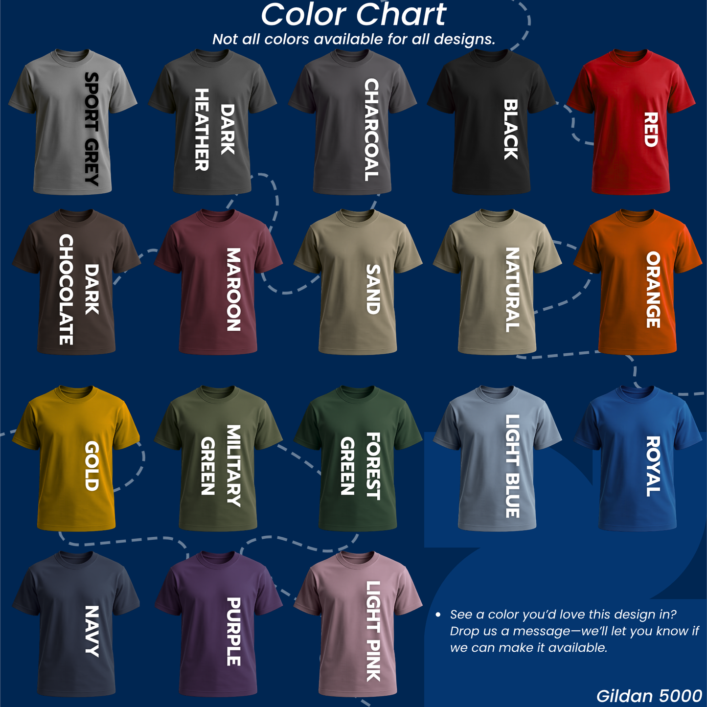 Color chart for Gildan 5000 shirts with 20 available colors