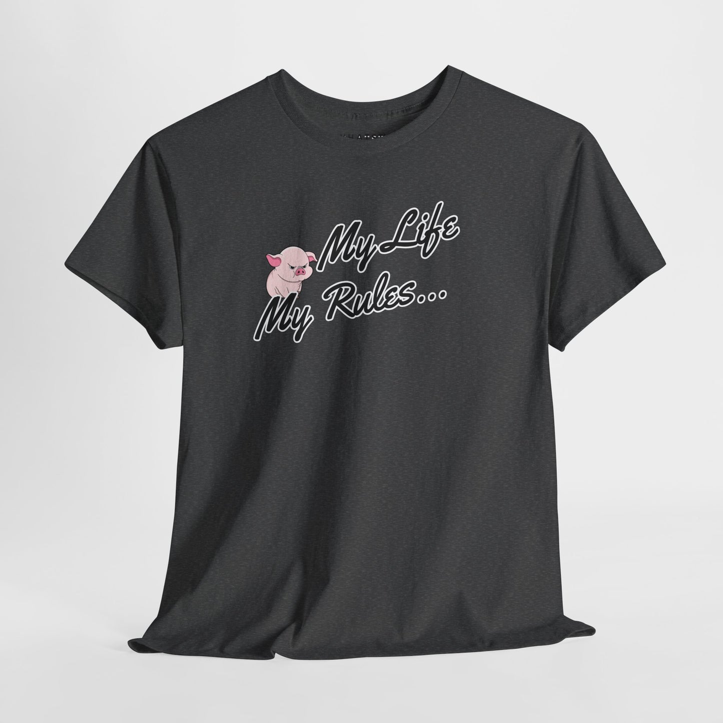 Dark heather tee with ‘My Life My Rules’ text and cartoon pig graphic
