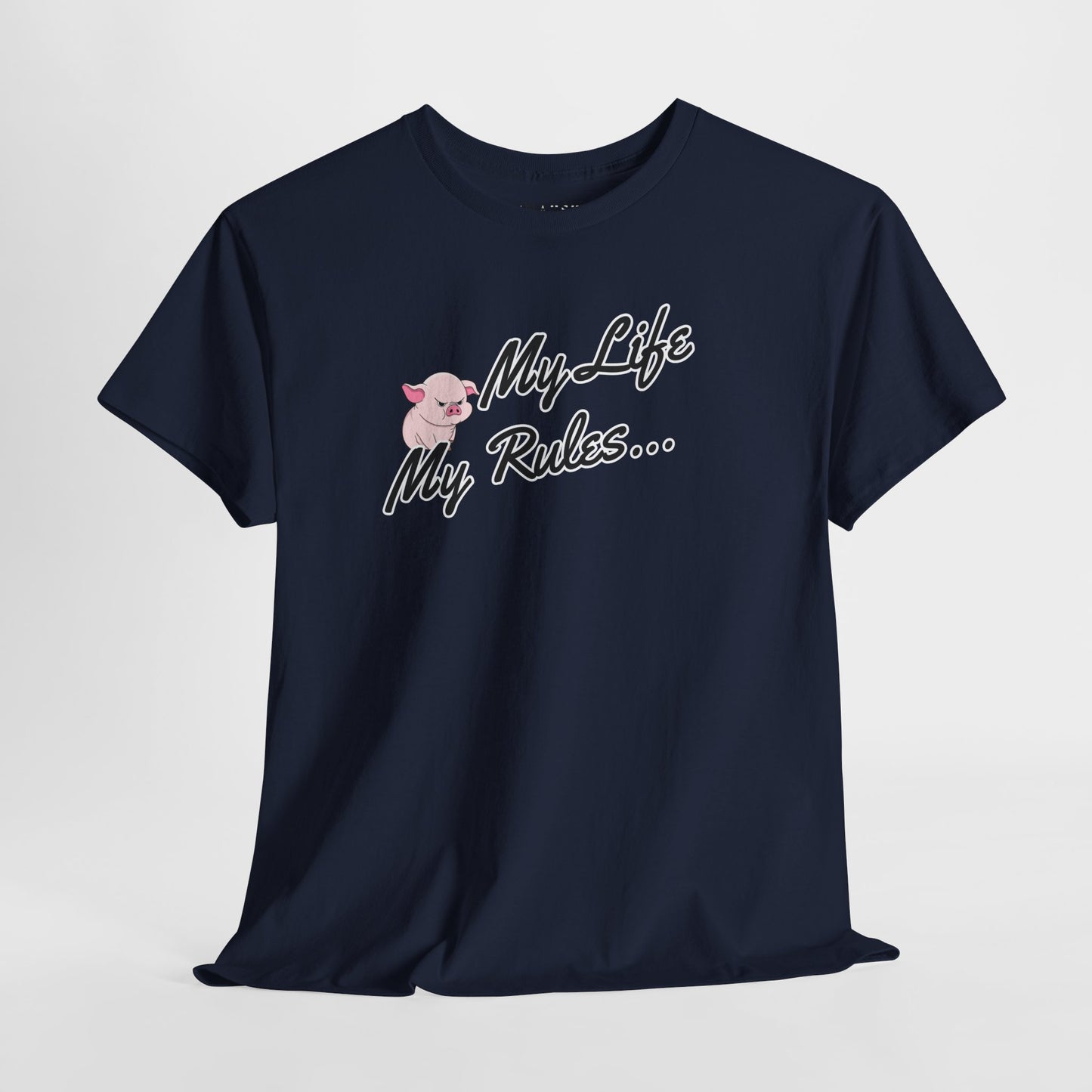 Navy tee with playful pig graphic and ‘My Life My Rules’ cursive text