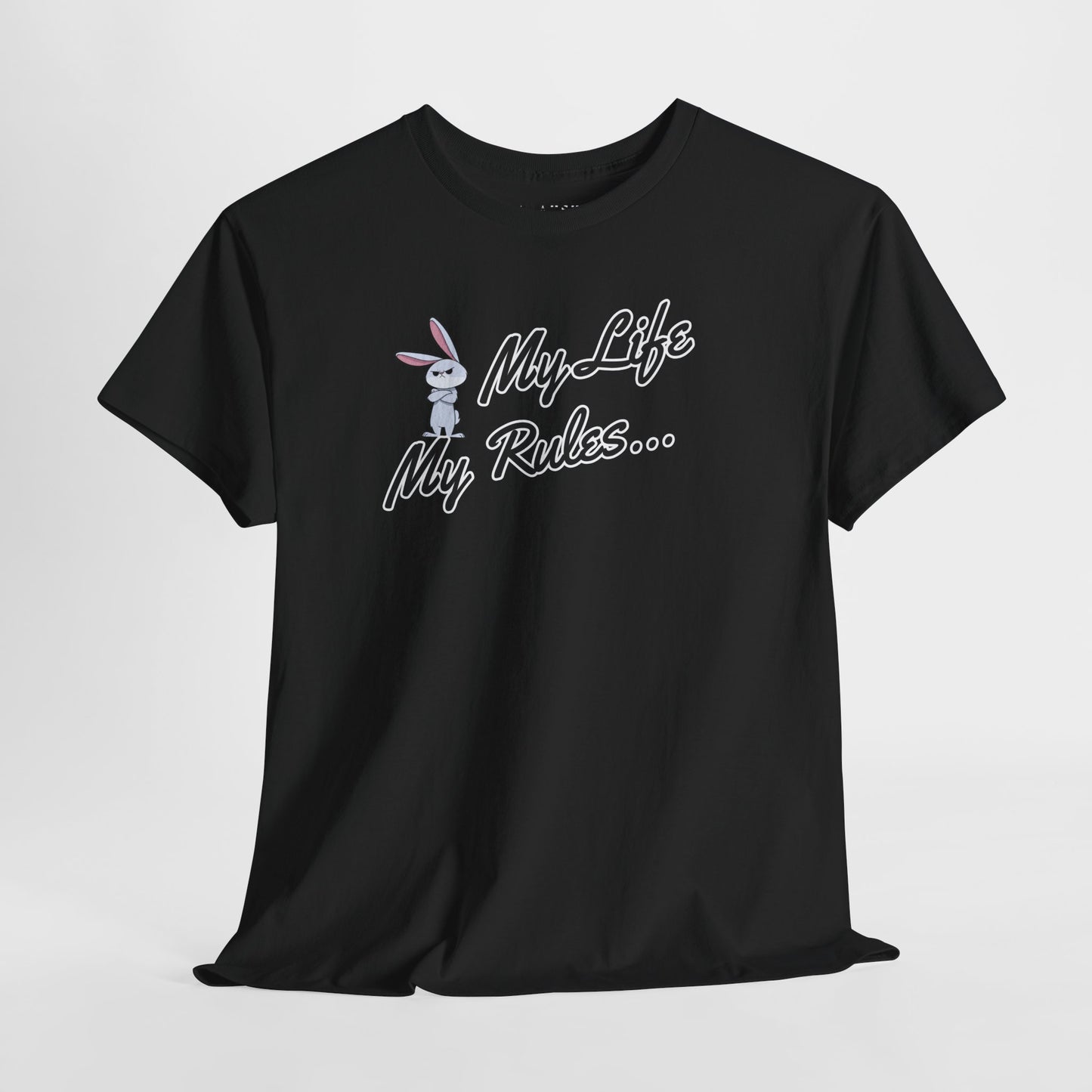 Black t-shirt with grumpy rabbit illustration and bold independence message