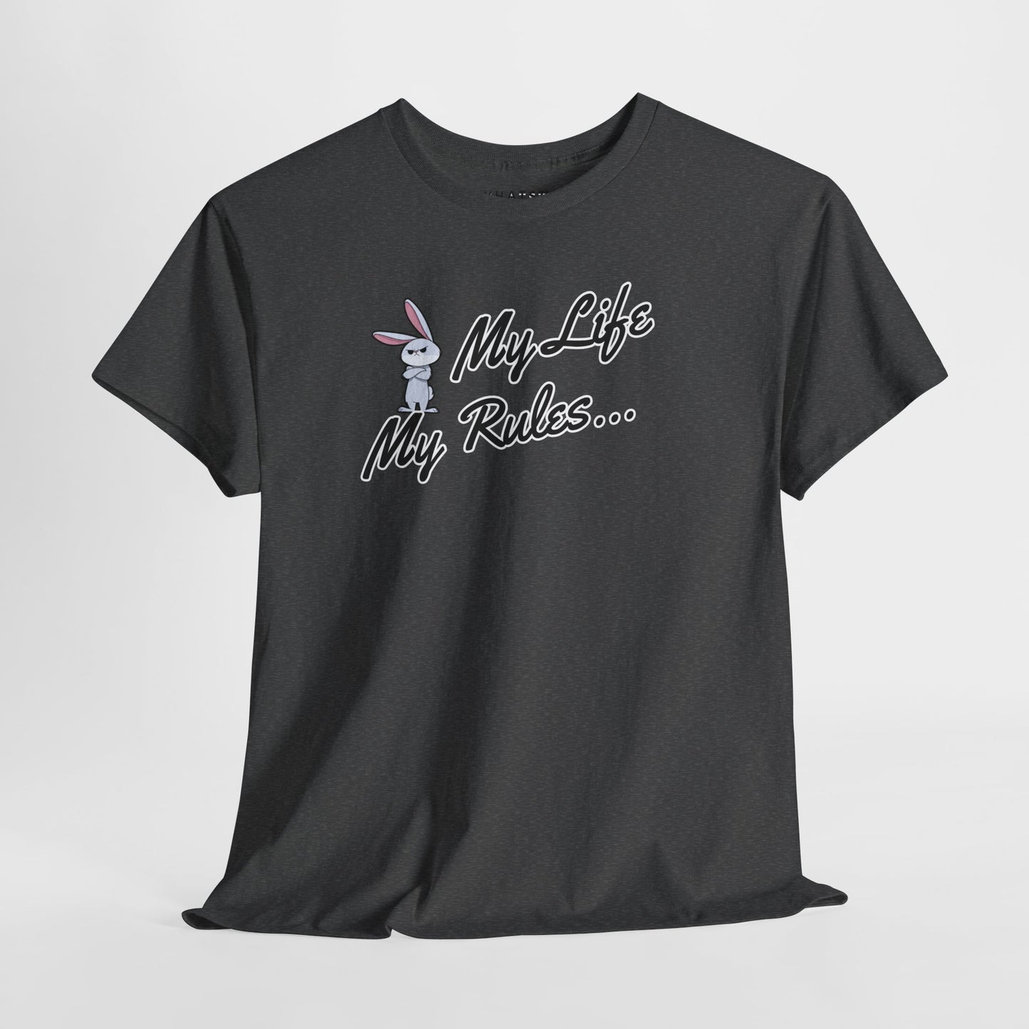 Dark heather tee with cartoon rabbit and bold ‘My Life My Rules…’ message