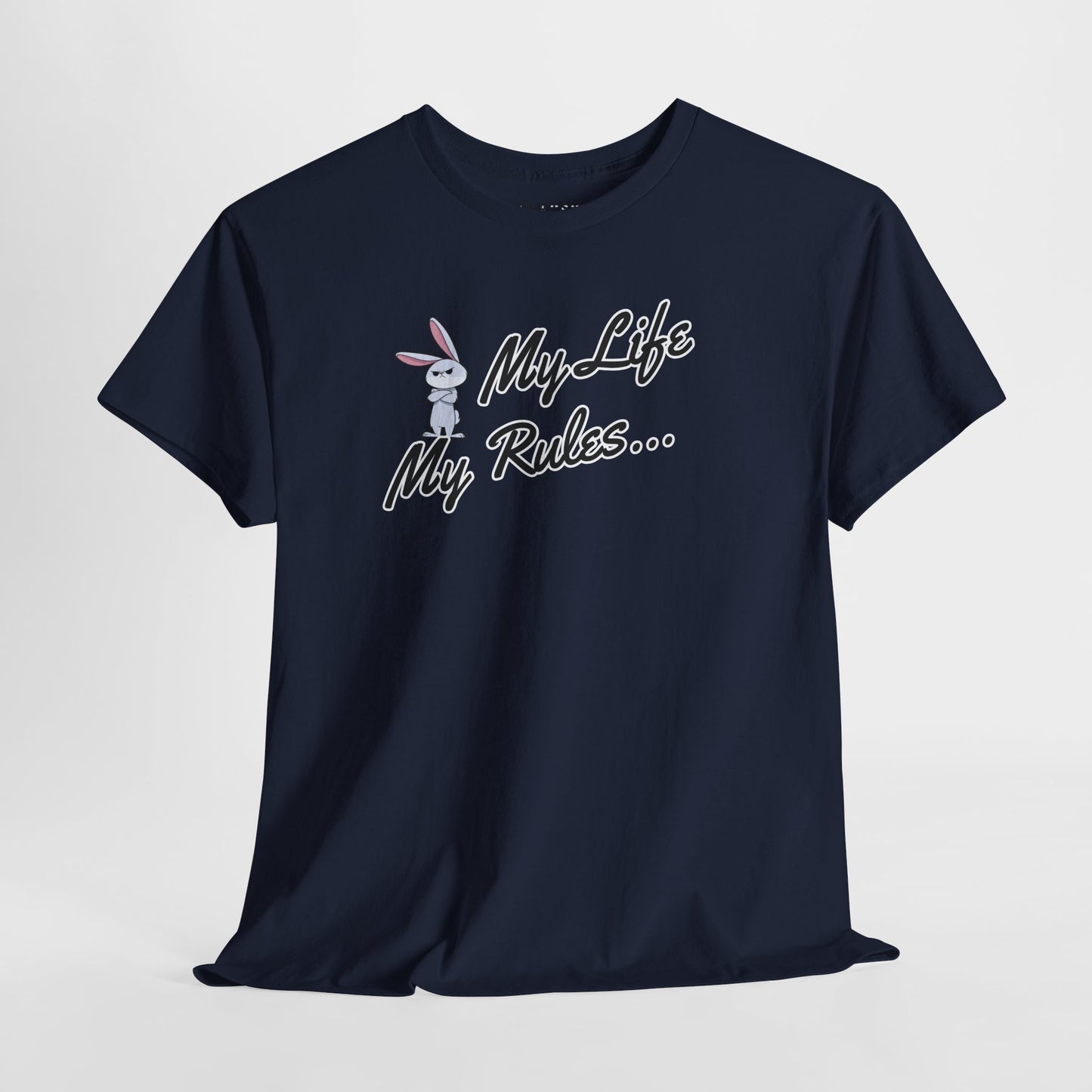 Navy tee with cartoon rabbit and cursive ‘My Life My Rules…’ graphic design