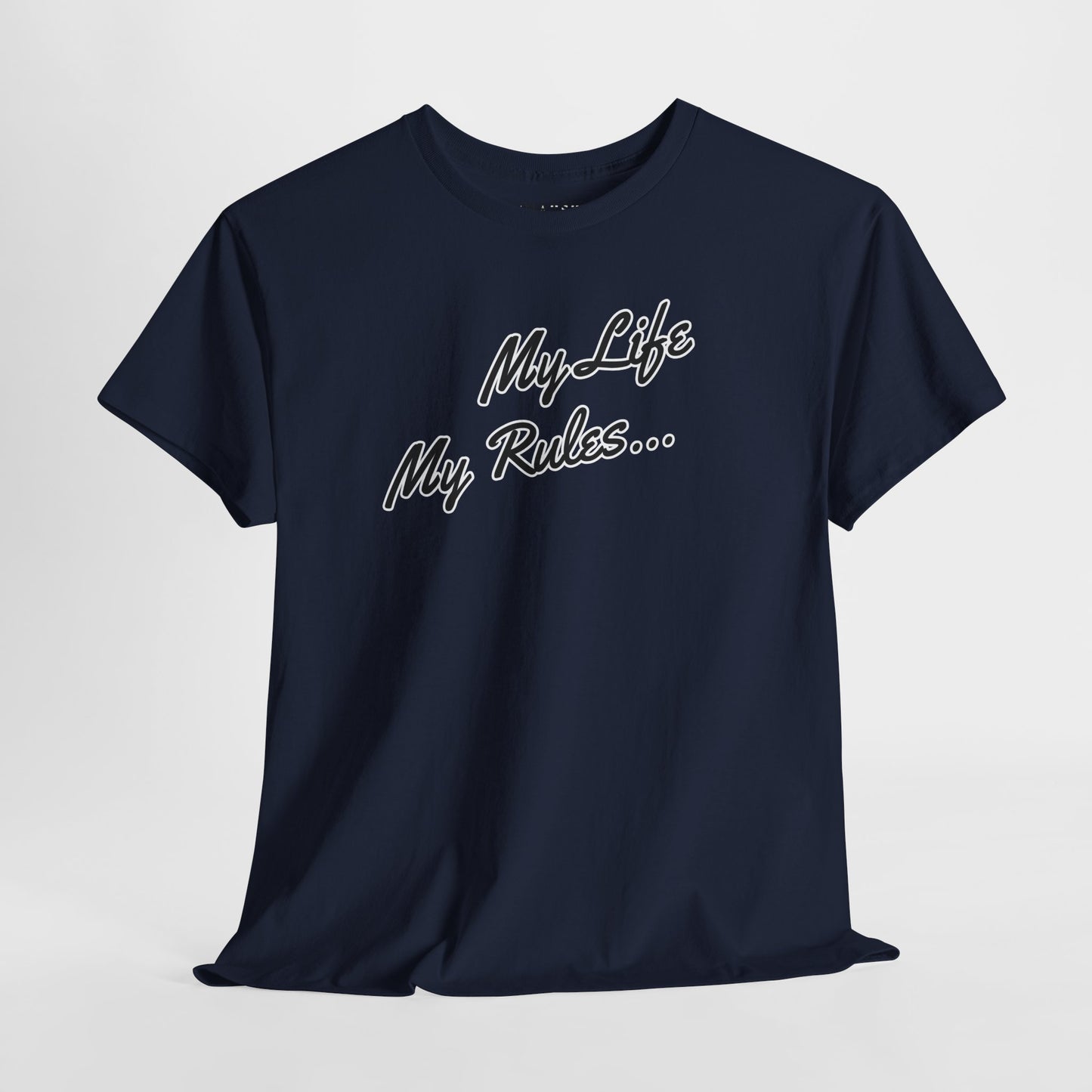 Navy tee with expressive ‘My Life My Rules…’ cursive message design