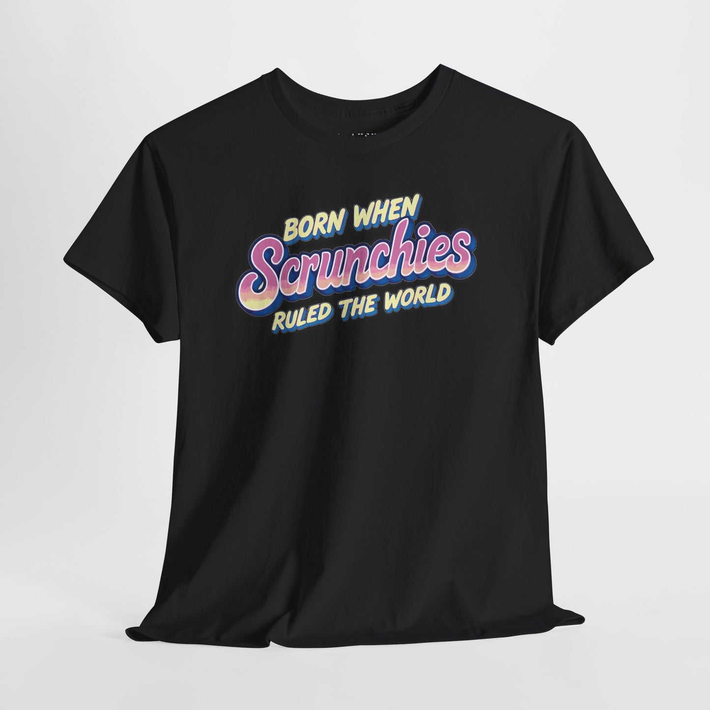Black t-shirt with bold ‘Scrunchies Ruled the World’ 90s throwback design
