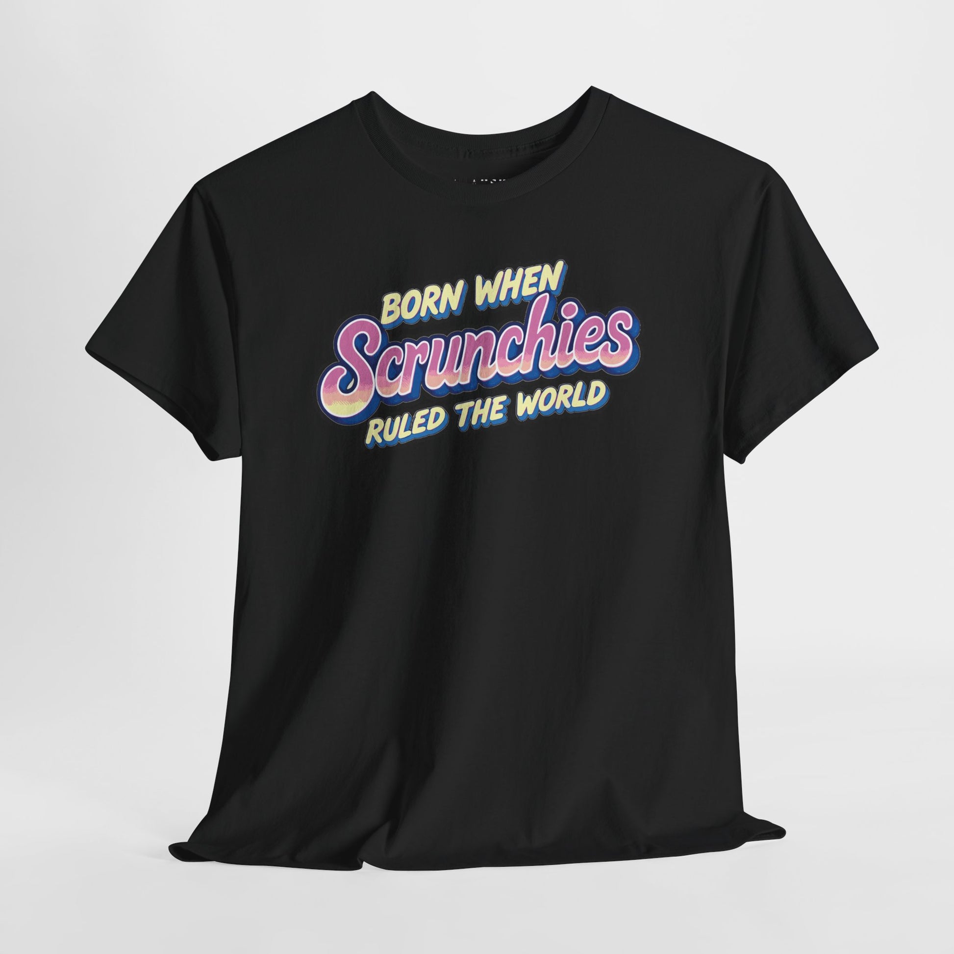 Black t-shirt with bold ‘Scrunchies Ruled the World’ 90s throwback design