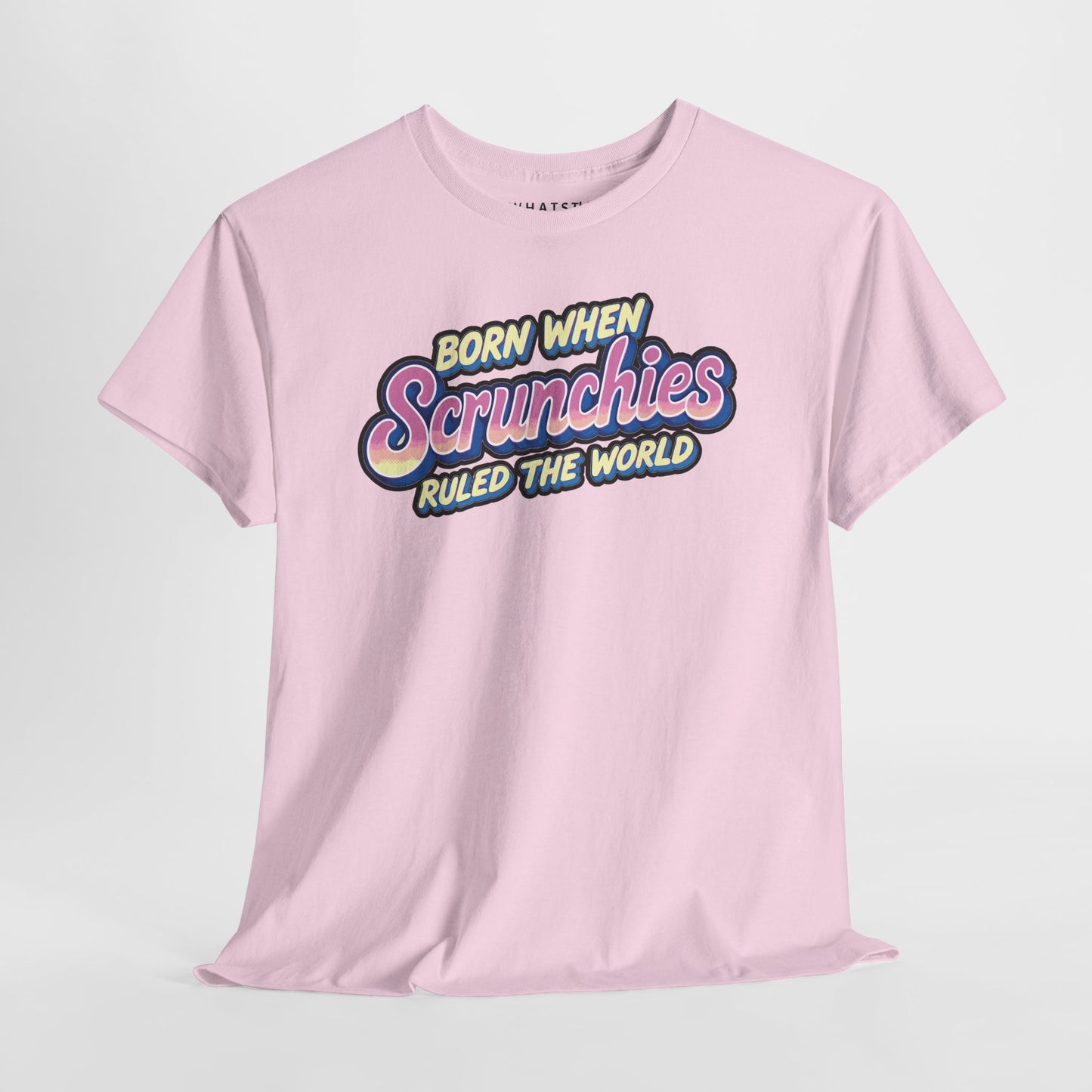 Light pink tee with colorful scrunchies graphic and retro fashion statement
