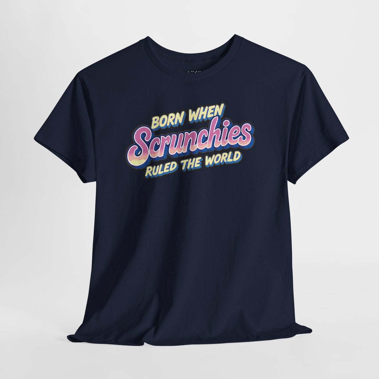 Navy tee with playful scrunchies graphic and nostalgic fashion message