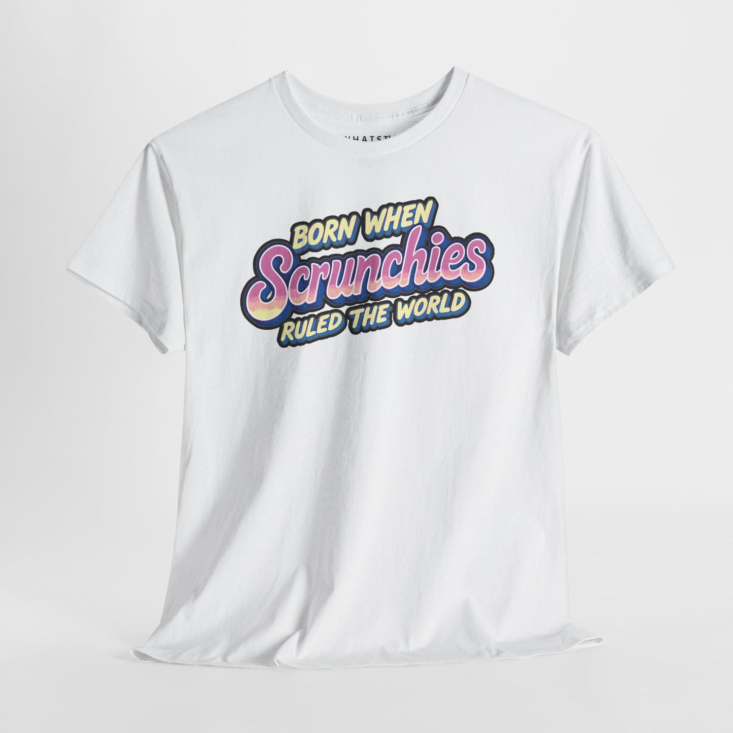 White shirt featuring colorful scrunchies-themed retro nostalgia graphic